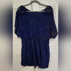 Faded Glory Blue Striped Lace Detail tie waist women's blouse. 1X, 16W